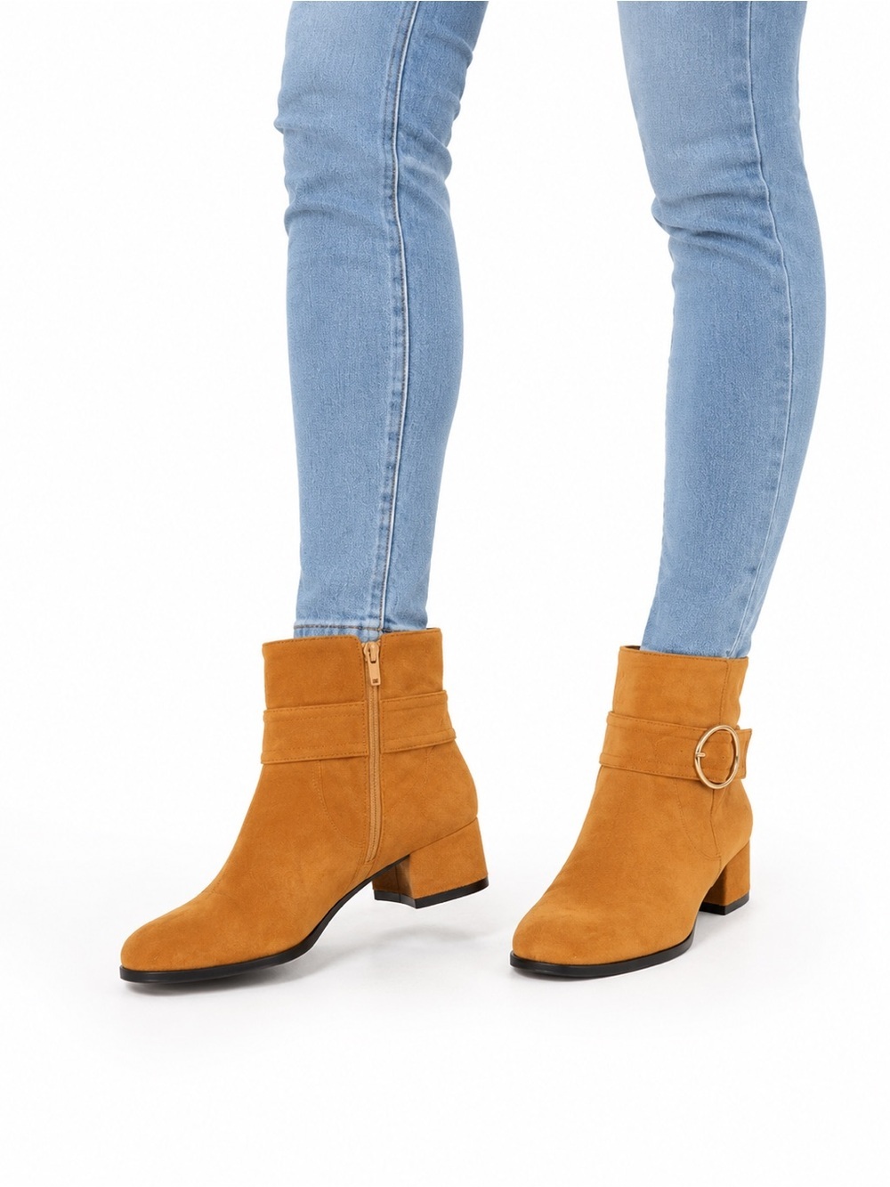 MOVINSTEPS Low Chunky Heel Suede Ankle Boot in Mustard
